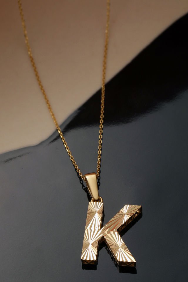 Prenses Pırlanta Kadın 14 Ayar Altın Harf Kolye A & Z Harfi Altın Kolye Zincirli Kalemli Işıltılı Desenli  42 cm K