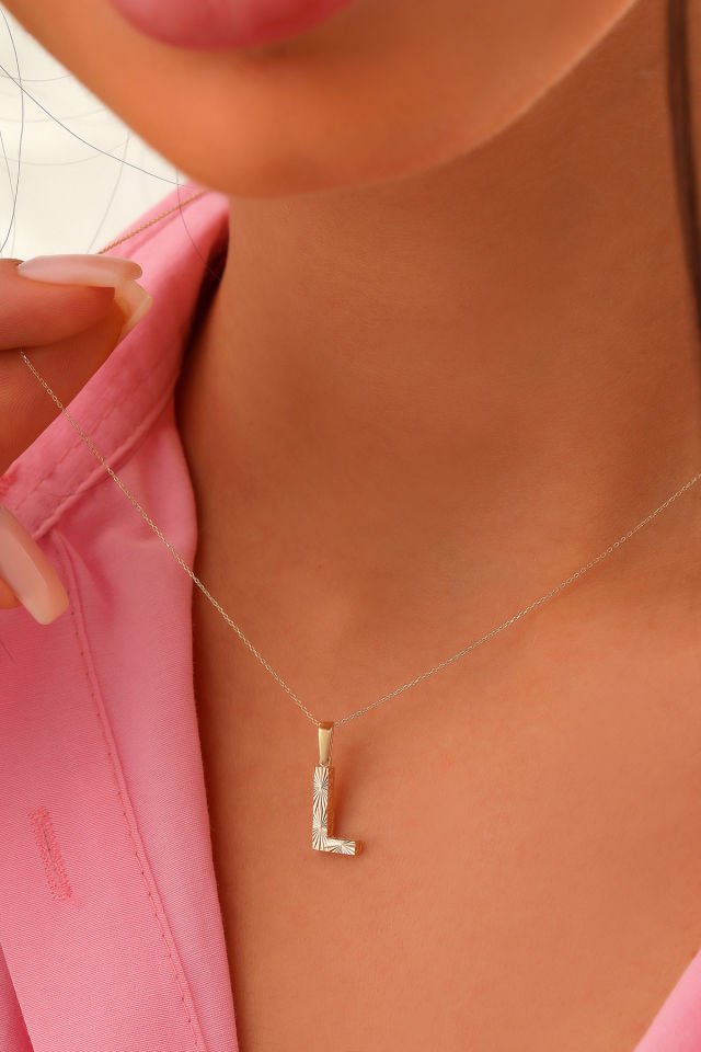 Prenses Pırlanta Kadın 14 Ayar Altın Harf Kolye A & Z Harfi Altın Kolye Zincirli Kalemli Işıltılı Desenli  42 cm L