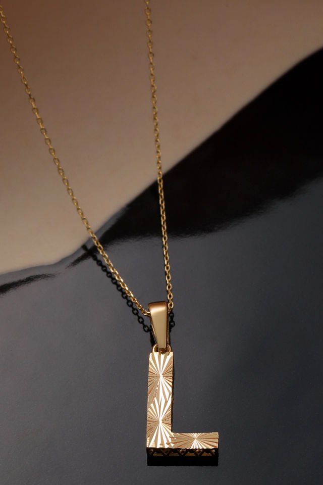 Prenses Pırlanta Kadın 14 Ayar Altın Harf Kolye A & Z Harfi Altın Kolye Zincirli Kalemli Işıltılı Desenli  42 cm L