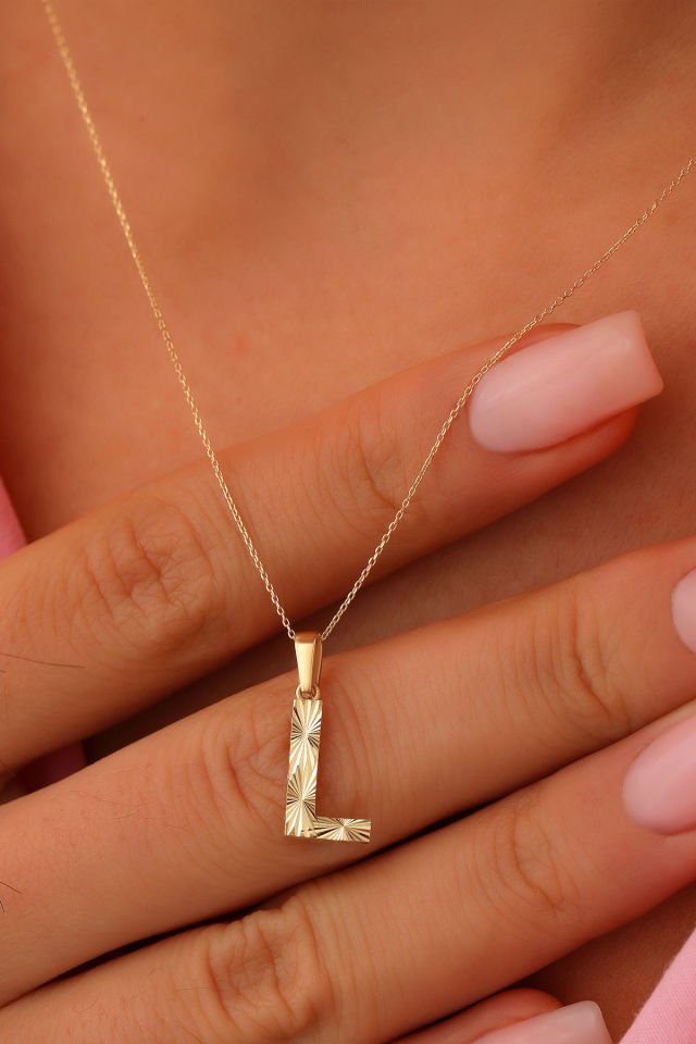 Prenses Pırlanta Kadın 14 Ayar Altın Harf Kolye A & Z Harfi Altın Kolye Zincirli Kalemli Işıltılı Desenli  42 cm L