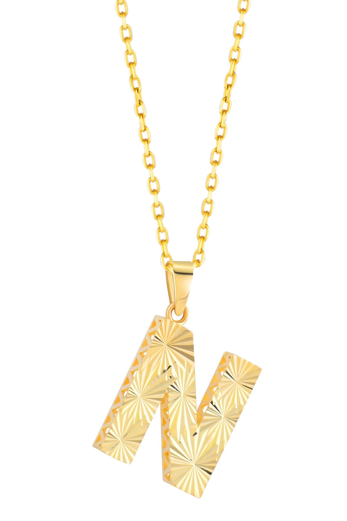 Prenses Pırlanta Kadın 14 Ayar Altın Harf Kolye A & Z Harfi Altın Kolye Zincirli Kalemli Işıltılı Desenli  42 cm N