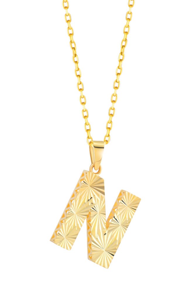 Prenses Pırlanta Kadın 14 Ayar Altın Harf Kolye A & Z Harfi Altın Kolye Zincirli Kalemli Işıltılı Desenli  42 cm N