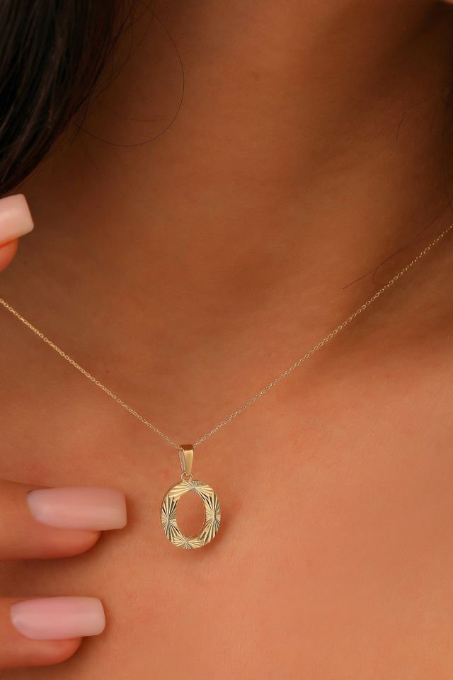 Prenses Pırlanta Kadın 14 Ayar Altın Harf Kolye A & Z Harfi Altın Kolye Zincirli Kalemli Işıltılı Desenli  42 cm O