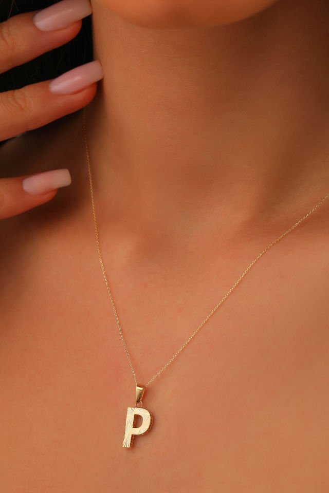 Prenses Pırlanta Kadın 14 Ayar Altın Harf Kolye A & Z Harfi Altın Kolye Zincirli Kalemli Işıltılı Desenli  42 cm P