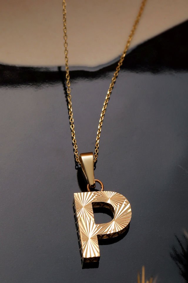 Prenses Pırlanta Kadın 14 Ayar Altın Harf Kolye A & Z Harfi Altın Kolye Zincirli Kalemli Işıltılı Desenli  42 cm P