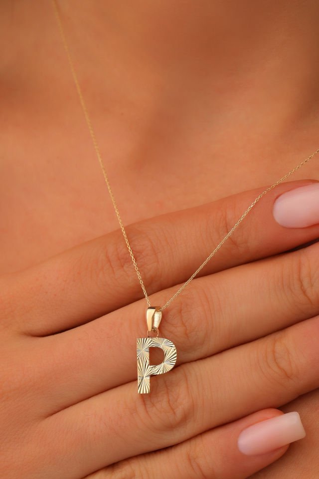 Prenses Pırlanta Kadın 14 Ayar Altın Harf Kolye A & Z Harfi Altın Kolye Zincirli Kalemli Işıltılı Desenli  42 cm P