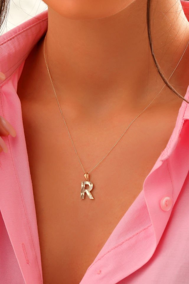 Prenses Pırlanta Kadın 14 Ayar Altın Harf Kolye A & Z Harfi Altın Kolye Zincirli Kalemli Işıltılı Desenli  42 cm R