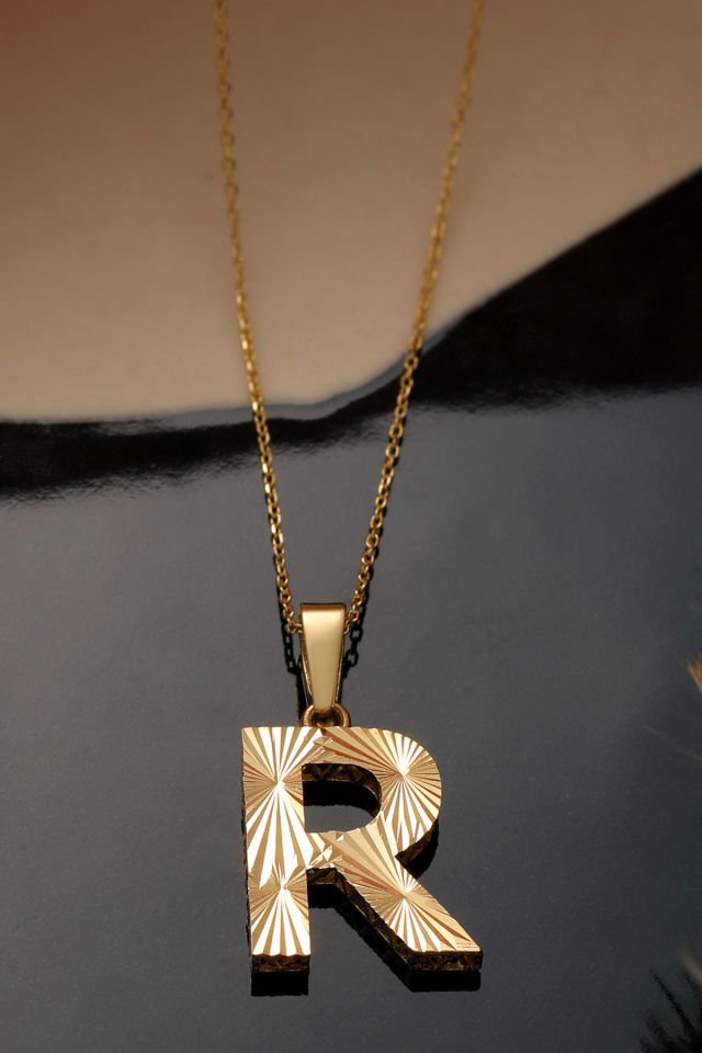 Prenses Pırlanta Kadın 14 Ayar Altın Harf Kolye A & Z Harfi Altın Kolye Zincirli Kalemli Işıltılı Desenli  42 cm R