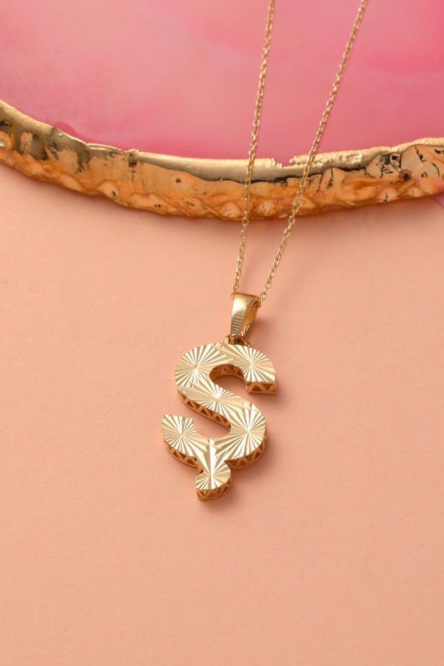 Prenses Pırlanta Kadın 14 Ayar Altın Harf Kolye A & Z Harfi Altın Kolye Zincirli Kalemli Işıltılı Desenli  42 cm Ş