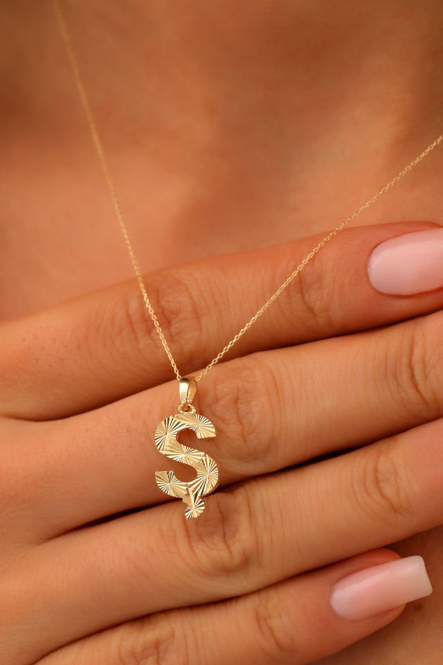 Prenses Pırlanta Kadın 14 Ayar Altın Harf Kolye A & Z Harfi Altın Kolye Zincirli Kalemli Işıltılı Desenli  42 cm Ş