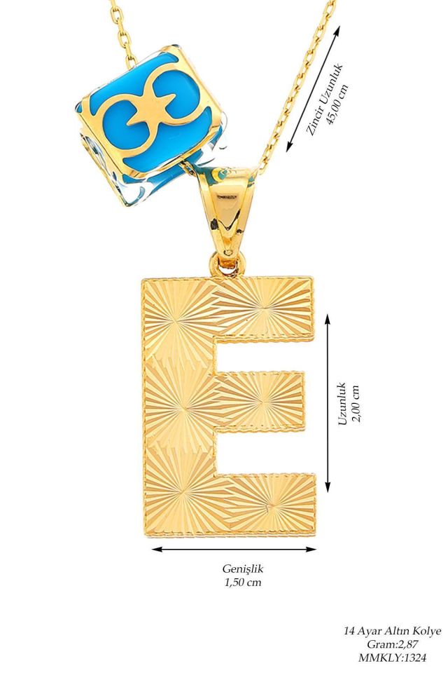 Prenses Pırlanta-14 Ayar Altın 2 cm İtalyan Kalemli Firuze Taşlı Fantezi Harf Serisi