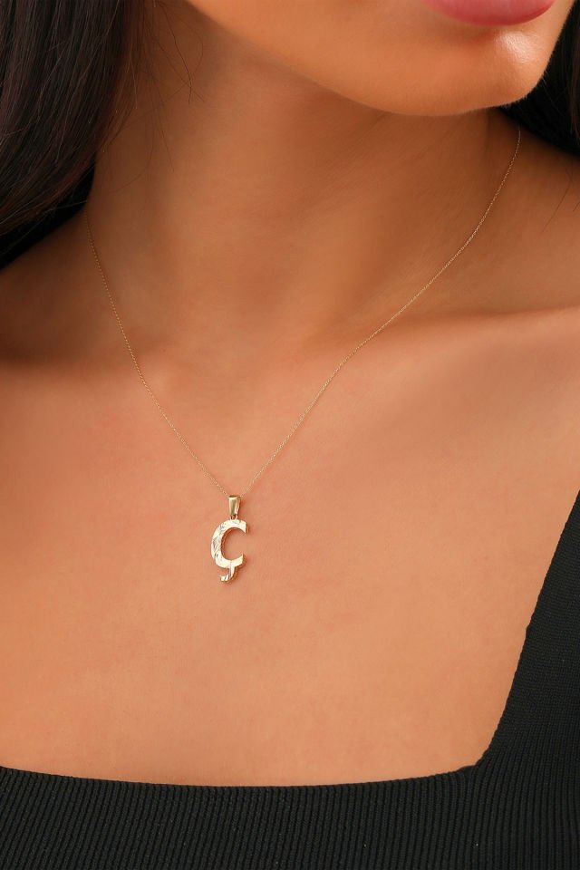 Prenses Pırlanta Kadın 14 Ayar Altın Harf Kolye A & Z Harfi Altın Kolye Zincirli Kalemli Işıltılı Desenli  42 cm Ç