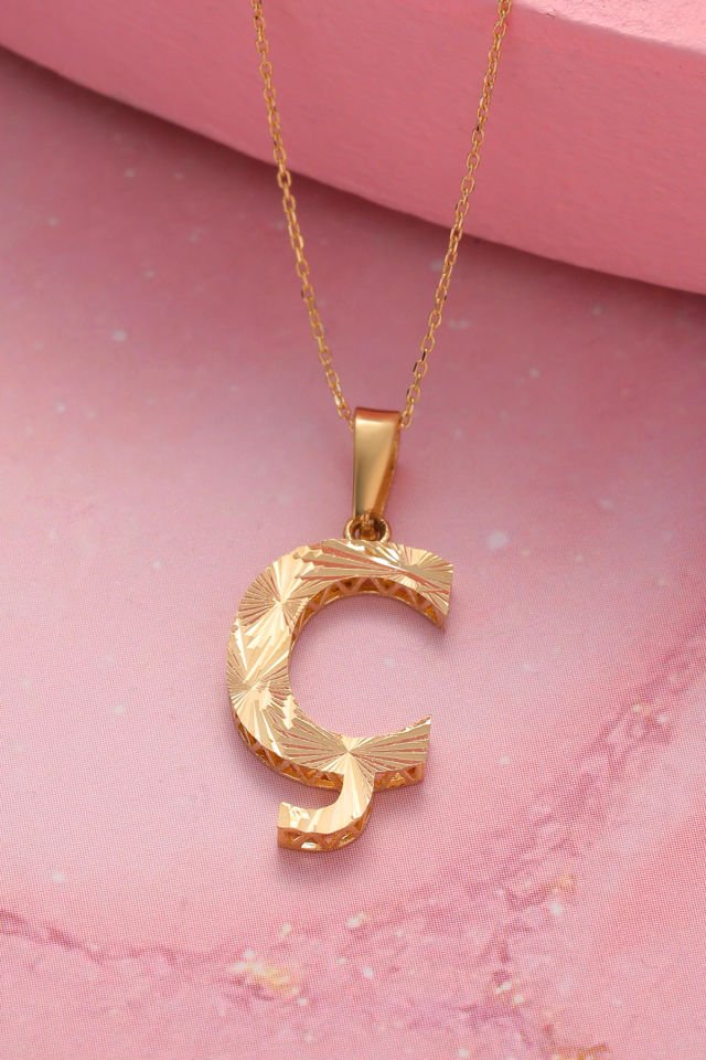 Prenses Pırlanta Kadın 14 Ayar Altın Harf Kolye A & Z Harfi Altın Kolye Zincirli Kalemli Işıltılı Desenli  42 cm Ç