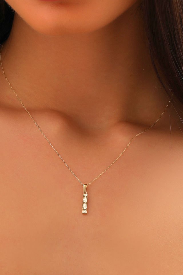 Prenses Pırlanta Kadın 14 Ayar Altın Harf Kolye A & Z Harfi Altın Kolye Zincirli Kalemli Işıltılı Desenli  42 cm İ