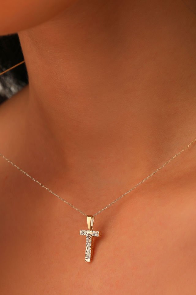 Prenses Pırlanta Kadın 14 Ayar Altın Harf Kolye A & Z Harfi Altın Kolye Zincirli Kalemli Işıltılı Desenli  42 cm T