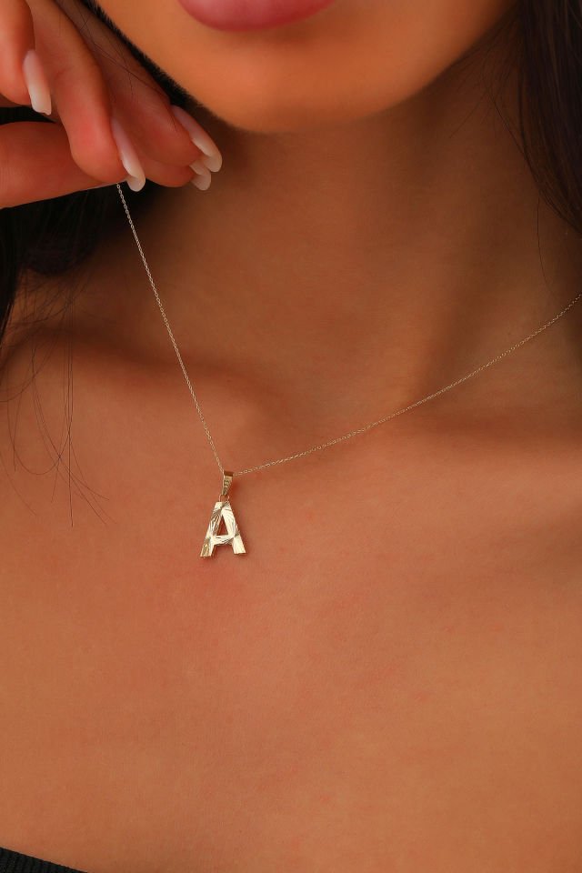 Prenses Pırlanta Kadın 14 Ayar Altın Harf Kolye A & Z Harfi Altın Kolye Zincirli Kalemli Işıltılı Desenli  42 cm A