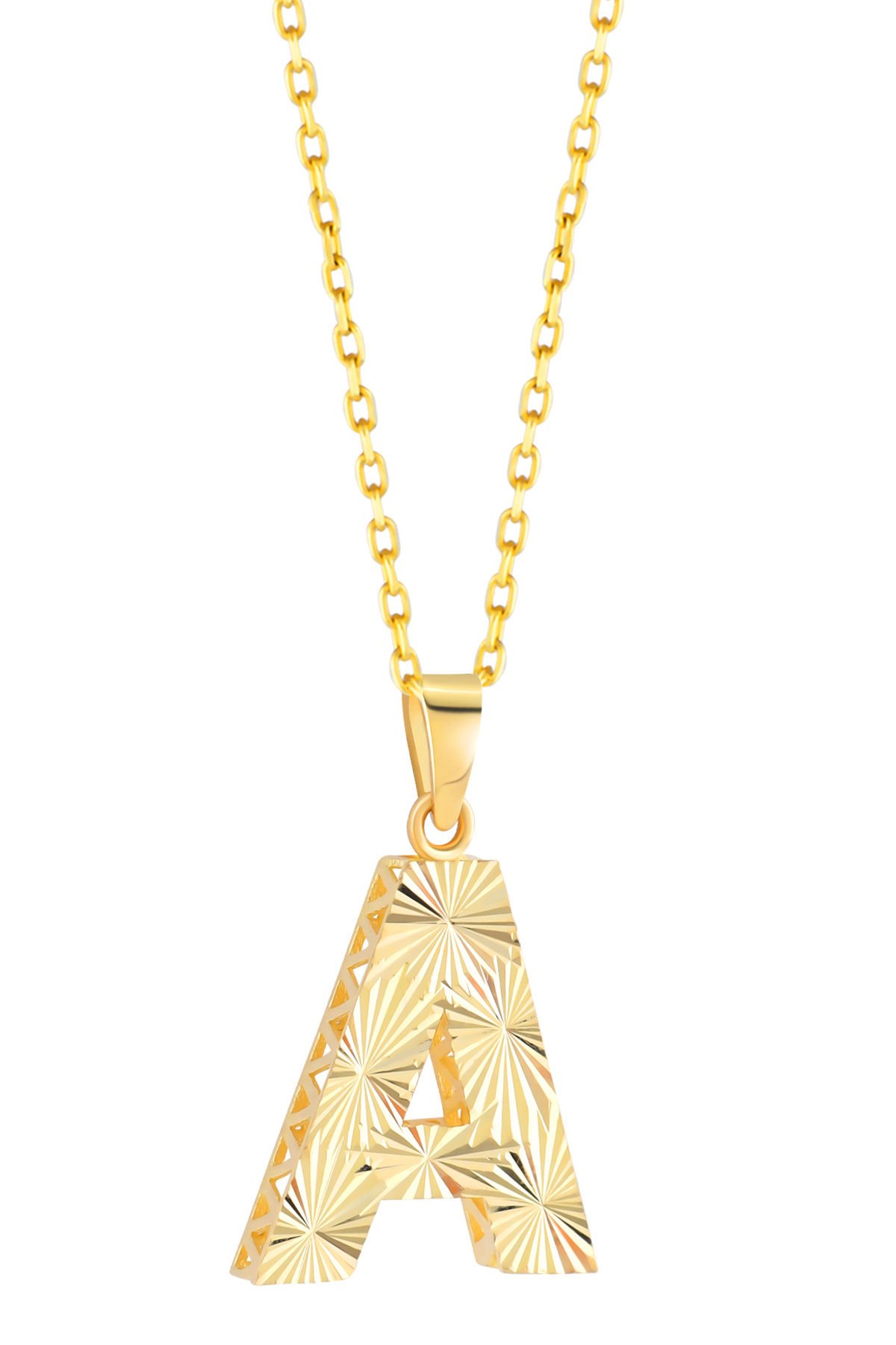 Prenses Pırlanta Kadın 14 Ayar Altın Harf Kolye A & Z Harfi Altın Kolye Zincirli Kalemli Işıltılı Desenli  42 cm A