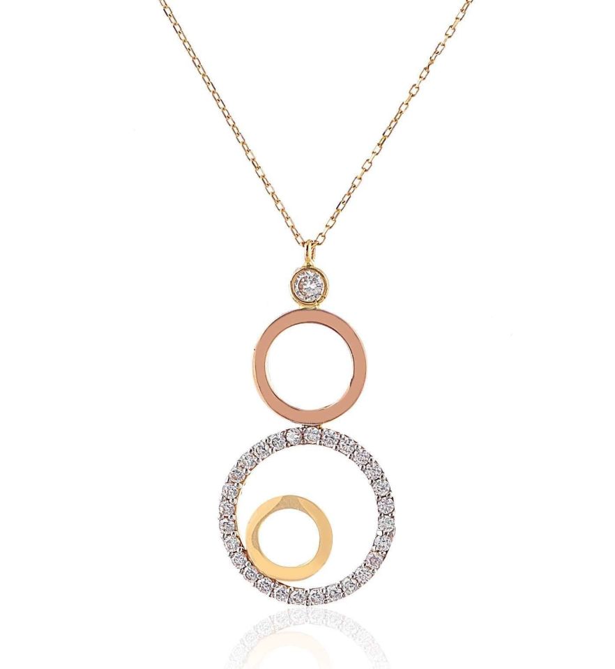 Prenses Pırlanta-Yeşil Beyaz Rose Üç Renk Altın Kolye Modeli 14 Ayar Altın