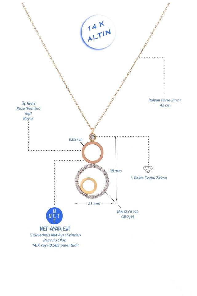 Prenses Pırlanta-Yeşil Beyaz Rose Üç Renk Altın Kolye Modeli 14 Ayar Altın