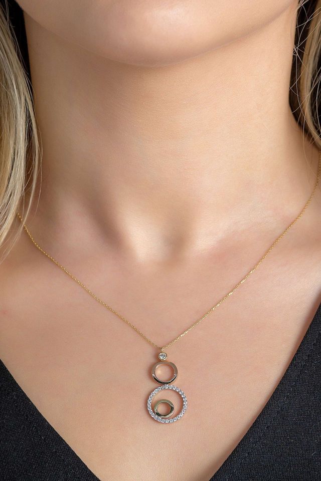 Prenses Pırlanta-Yeşil Beyaz Rose Üç Renk Altın Kolye Modeli 14 Ayar Altın