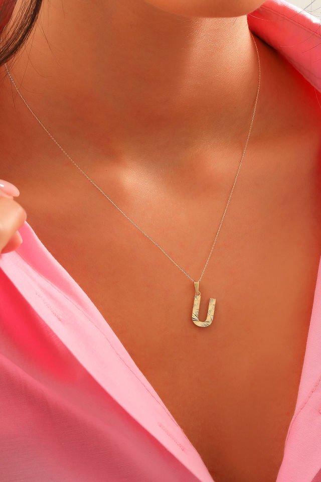 Prenses Pırlanta Kadın 14 Ayar Altın Harf Kolye A & Z Harfi Altın Kolye Zincirli Kalemli Işıltılı Desenli  42 cm U