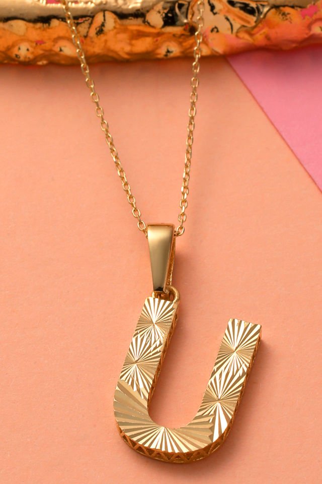 Prenses Pırlanta Kadın 14 Ayar Altın Harf Kolye A & Z Harfi Altın Kolye Zincirli Kalemli Işıltılı Desenli  42 cm U