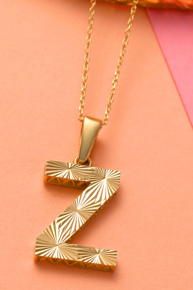 Prenses Pırlanta Kadın 14 Ayar Altın Harf Kolye A & Z Harfi Altın Kolye Zincirli Kalemli Işıltılı Desenli  42 cm Z