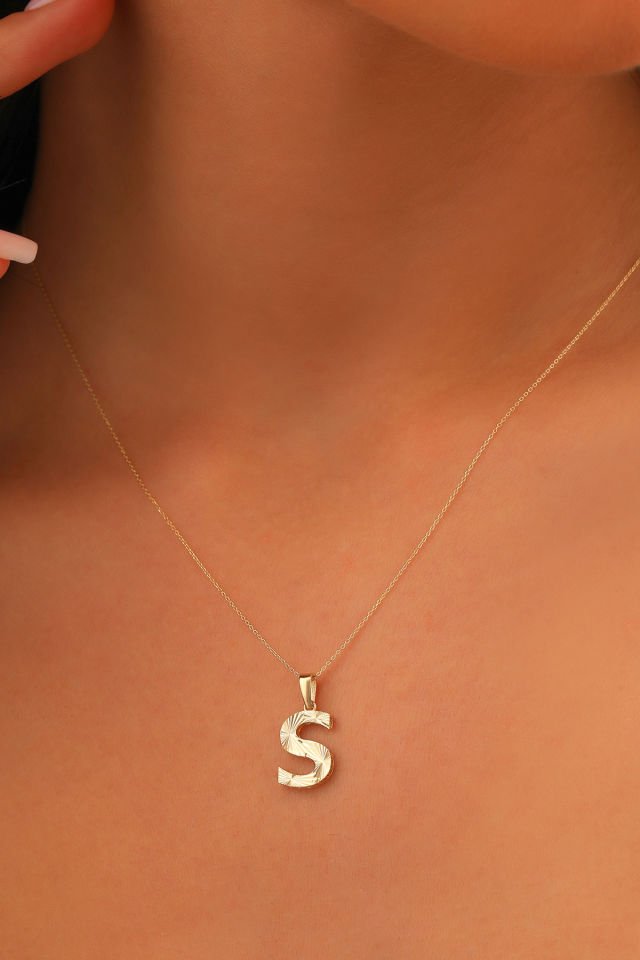 Prenses Pırlanta Kadın 14 Ayar Altın Harf Kolye A & Z Harfi Altın Kolye Zincirli Kalemli Işıltılı Desenli  42 cm S