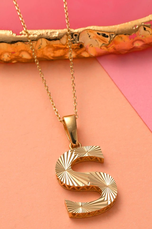 Prenses Pırlanta Kadın 14 Ayar Altın Harf Kolye A & Z Harfi Altın Kolye Zincirli Kalemli Işıltılı Desenli  42 cm S