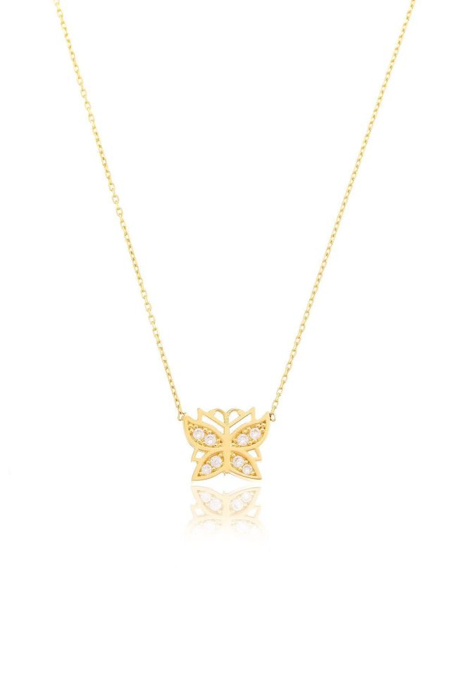 Prenses Pırlanta-14 Ayar Altın  Minimal Kelebek Altın Kolye Modeli