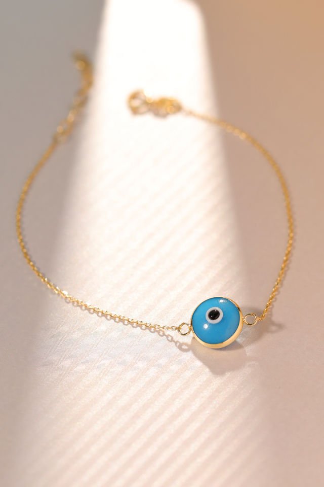 Prenses Pırlanta Kadın 14 Ayar Altın Göz Bileklik Renkli Altın Nazar Gözlü Bileklik Uzatmalı 18 cm Mat Mavi