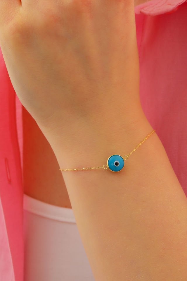 Prenses Pırlanta Kadın 14 Ayar Altın Göz Bileklik Renkli Altın Nazar Gözlü Bileklik Uzatmalı 18 cm Mat Mavi