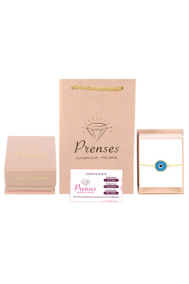 Prenses Pırlanta Kadın 14 Ayar Altın Göz Bileklik Renkli Altın Nazar Gözlü Bileklik Uzatmalı 18 cm Mat Mavi