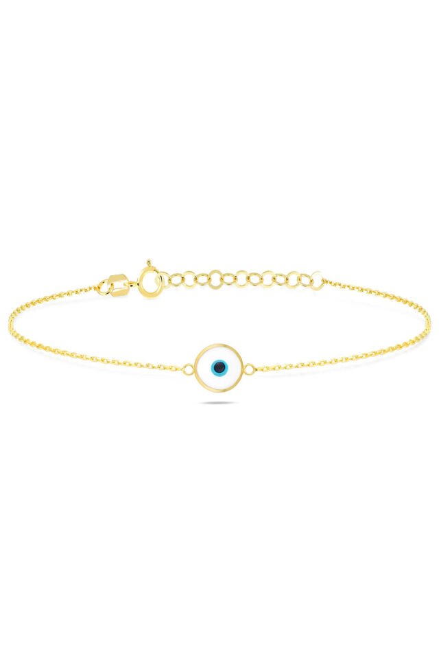 Prenses Pırlanta Kadın 14 Ayar Altın Göz Bileklik Renkli Altın Nazar Gözlü Bileklik Uzatmalı 18 cm Beyaz