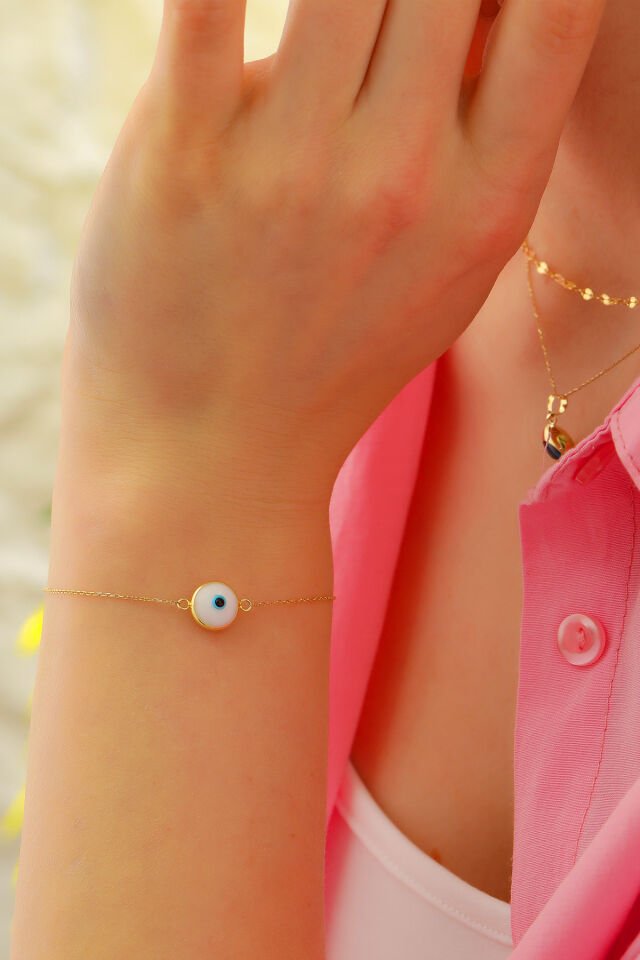 Prenses Pırlanta Kadın 14 Ayar Altın Göz Bileklik Renkli Altın Nazar Gözlü Bileklik Uzatmalı 18 cm Beyaz