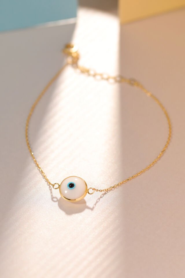 Prenses Pırlanta Kadın 14 Ayar Altın Göz Bileklik Renkli Altın Nazar Gözlü Bileklik Uzatmalı 18 cm Beyaz