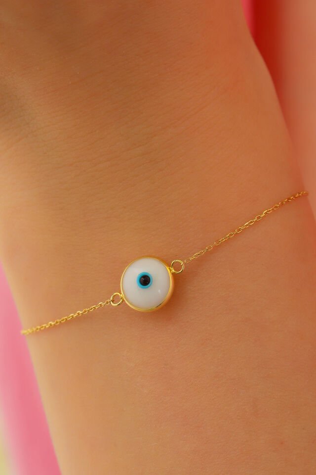 Prenses Pırlanta Kadın 14 Ayar Altın Göz Bileklik Renkli Altın Nazar Gözlü Bileklik Uzatmalı 18 cm Beyaz