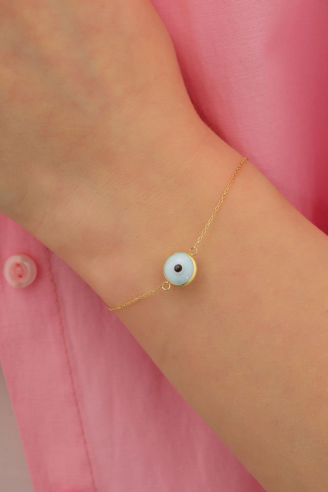 Prenses Pırlanta Kadın 14 Ayar Altın Göz Bileklik Renkli Altın Nazar Gözlü Bileklik Uzatmalı 18 cm Buz Mavisi