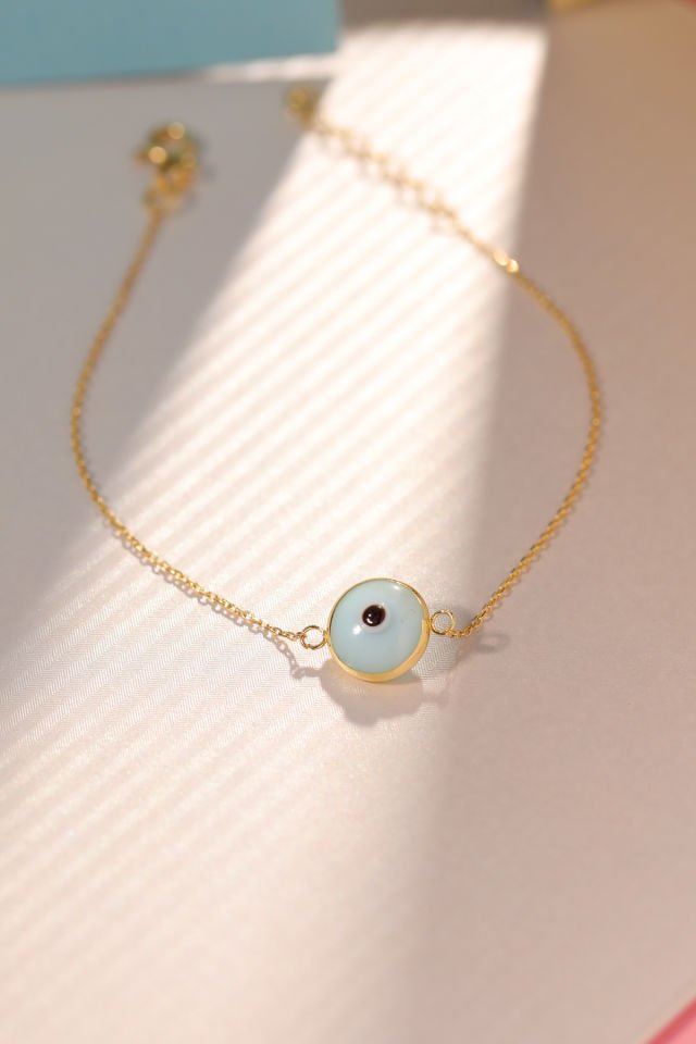 Prenses Pırlanta Kadın 14 Ayar Altın Göz Bileklik Renkli Altın Nazar Gözlü Bileklik Uzatmalı 18 cm Buz Mavisi
