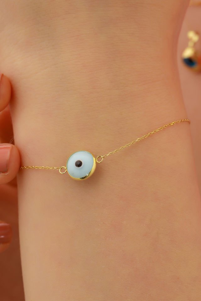 Prenses Pırlanta Kadın 14 Ayar Altın Göz Bileklik Renkli Altın Nazar Gözlü Bileklik Uzatmalı 18 cm Buz Mavisi