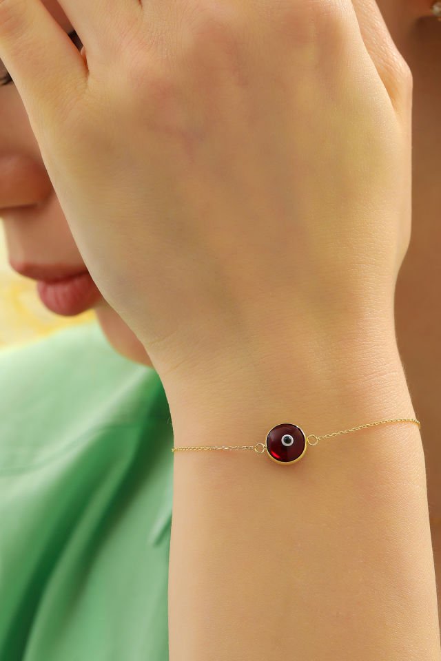 Prenses Pırlanta Kadın 14 Ayar Altın Göz Bileklik Renkli Altın Nazar Gözlü Bileklik Uzatmalı 18 cm Cam Kırmızı