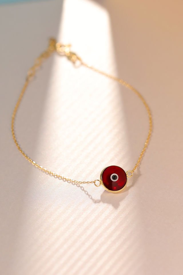 Prenses Pırlanta Kadın 14 Ayar Altın Göz Bileklik Renkli Altın Nazar Gözlü Bileklik Uzatmalı 18 cm Cam Kırmızı