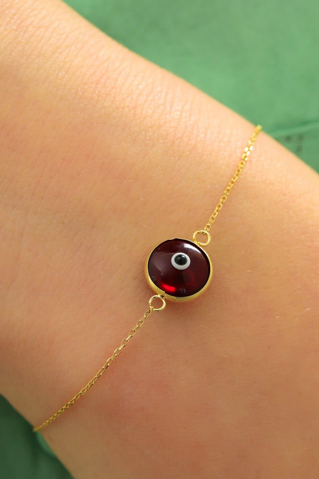 Prenses Pırlanta Kadın 14 Ayar Altın Göz Bileklik Renkli Altın Nazar Gözlü Bileklik Uzatmalı 18 cm Cam Kırmızı