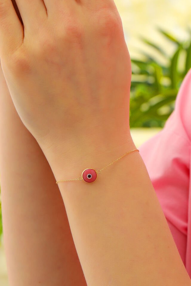 Prenses Pırlanta Kadın 14 Ayar Altın Göz Bileklik Renkli Altın Nazar Gözlü Bileklik Uzatmalı 18 cm Pembe