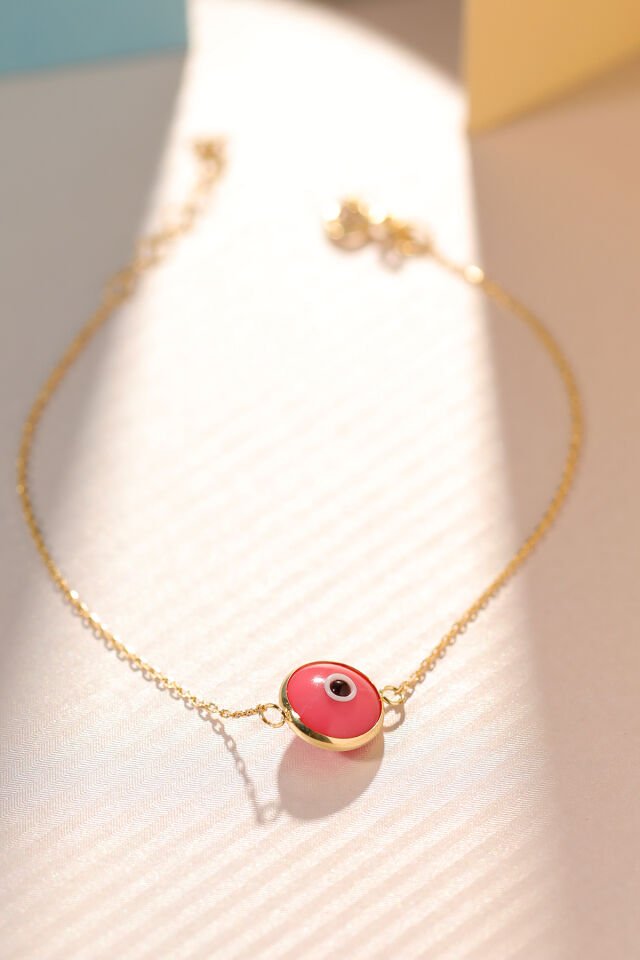 Prenses Pırlanta Kadın 14 Ayar Altın Göz Bileklik Renkli Altın Nazar Gözlü Bileklik Uzatmalı 18 cm Pembe