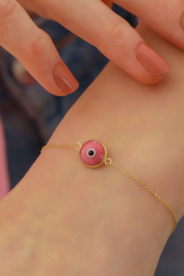 Prenses Pırlanta Kadın 14 Ayar Altın Göz Bileklik Renkli Altın Nazar Gözlü Bileklik Uzatmalı 18 cm Pembe