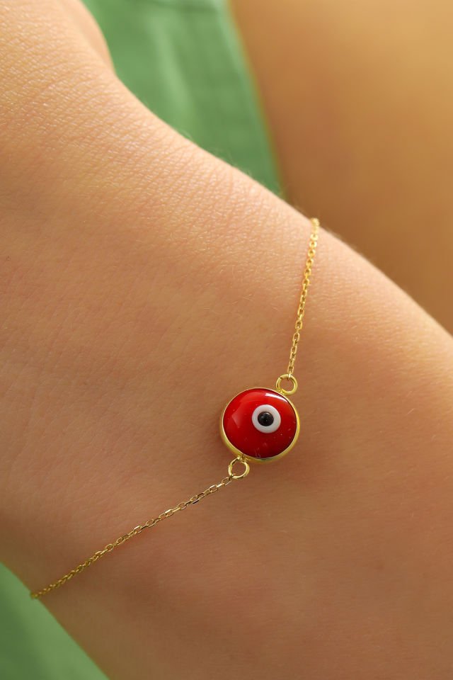 Prenses Pırlanta Kadın 14 Ayar Altın Göz Bileklik Renkli Altın Nazar Gözlü Bileklik Uzatmalı 18 cm Kırmızı
