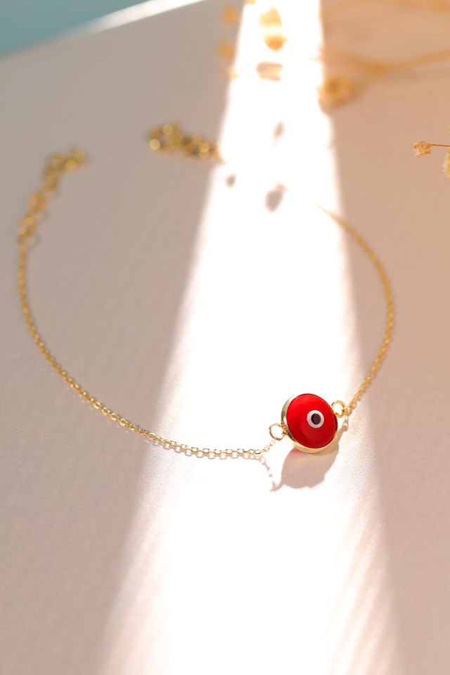 Prenses Pırlanta Kadın 14 Ayar Altın Göz Bileklik Renkli Altın Nazar Gözlü Bileklik Uzatmalı 18 cm Kırmızı