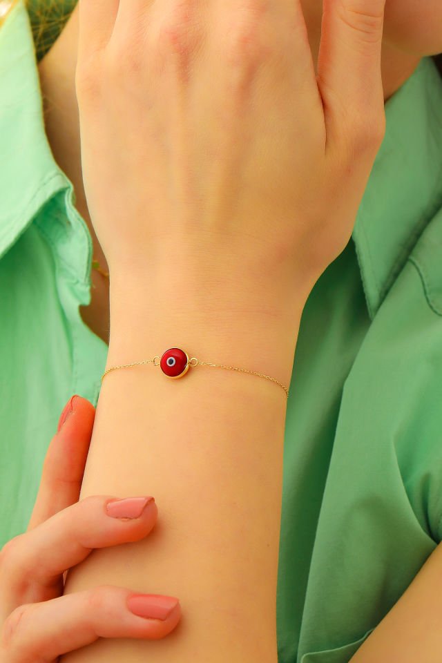 Prenses Pırlanta Kadın 14 Ayar Altın Göz Bileklik Renkli Altın Nazar Gözlü Bileklik Uzatmalı 18 cm Kırmızı