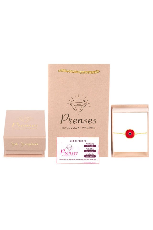 Prenses Pırlanta Kadın 14 Ayar Altın Göz Bileklik Renkli Altın Nazar Gözlü Bileklik Uzatmalı 18 cm Kırmızı